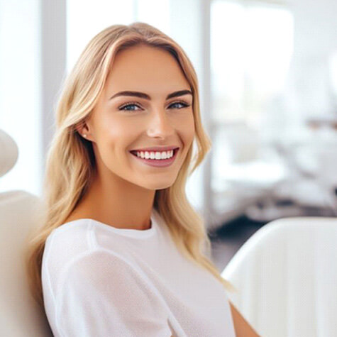 smiling blond patient in dental treatment chair
