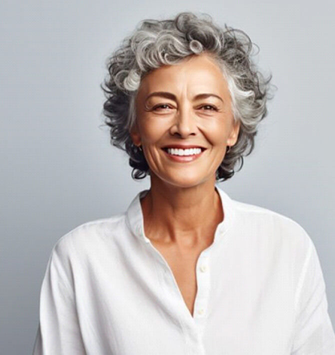 smiling gray-haired woman with beautiful teeth